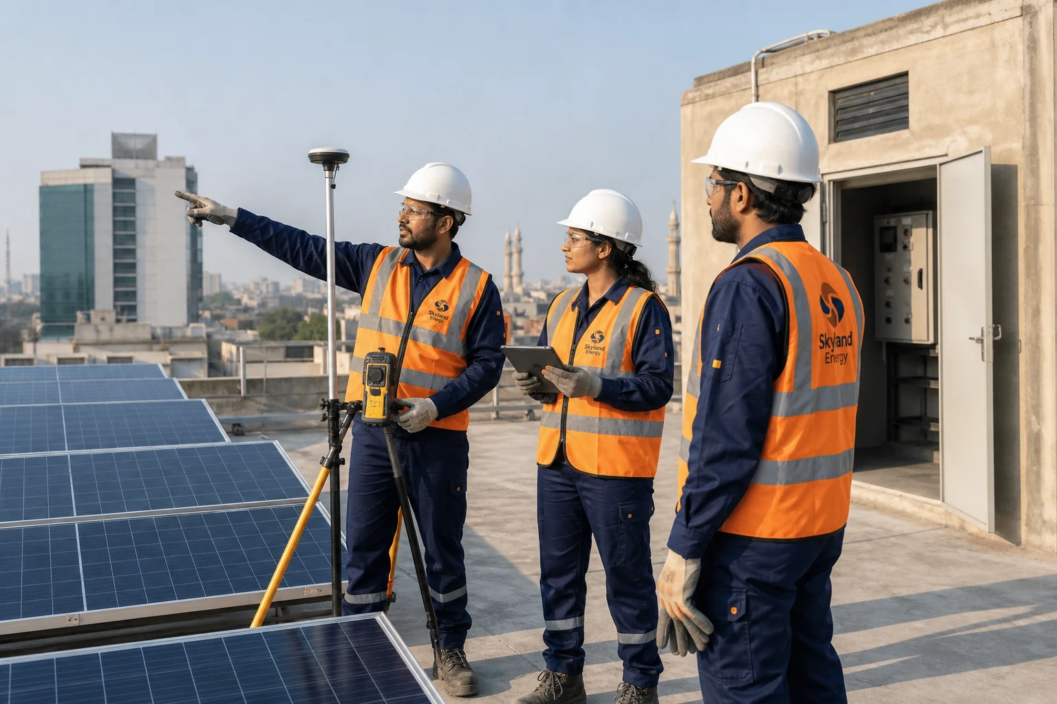 Three Skyland Energy engineers on a solar rooftop